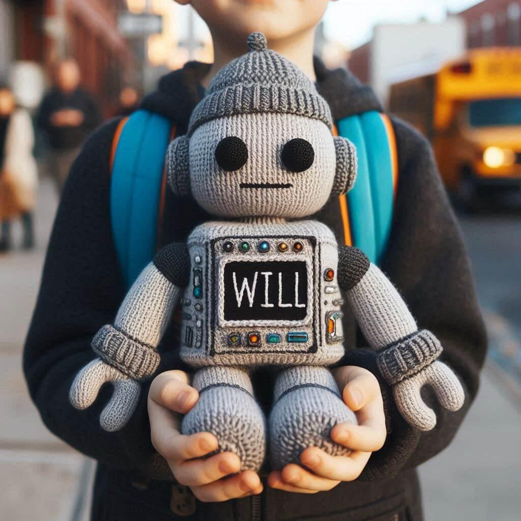 Une peluche robot en tricotin avec le prenom will