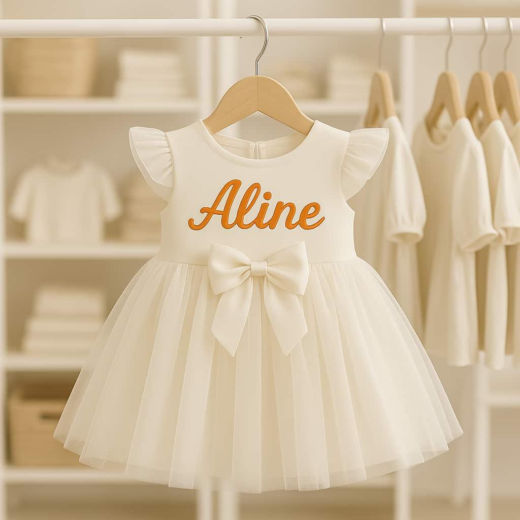 Une robe de princesse pour bebe fille avec le prenom aline ecrit en italique en orange sur un portique de vetement dans un magasin
