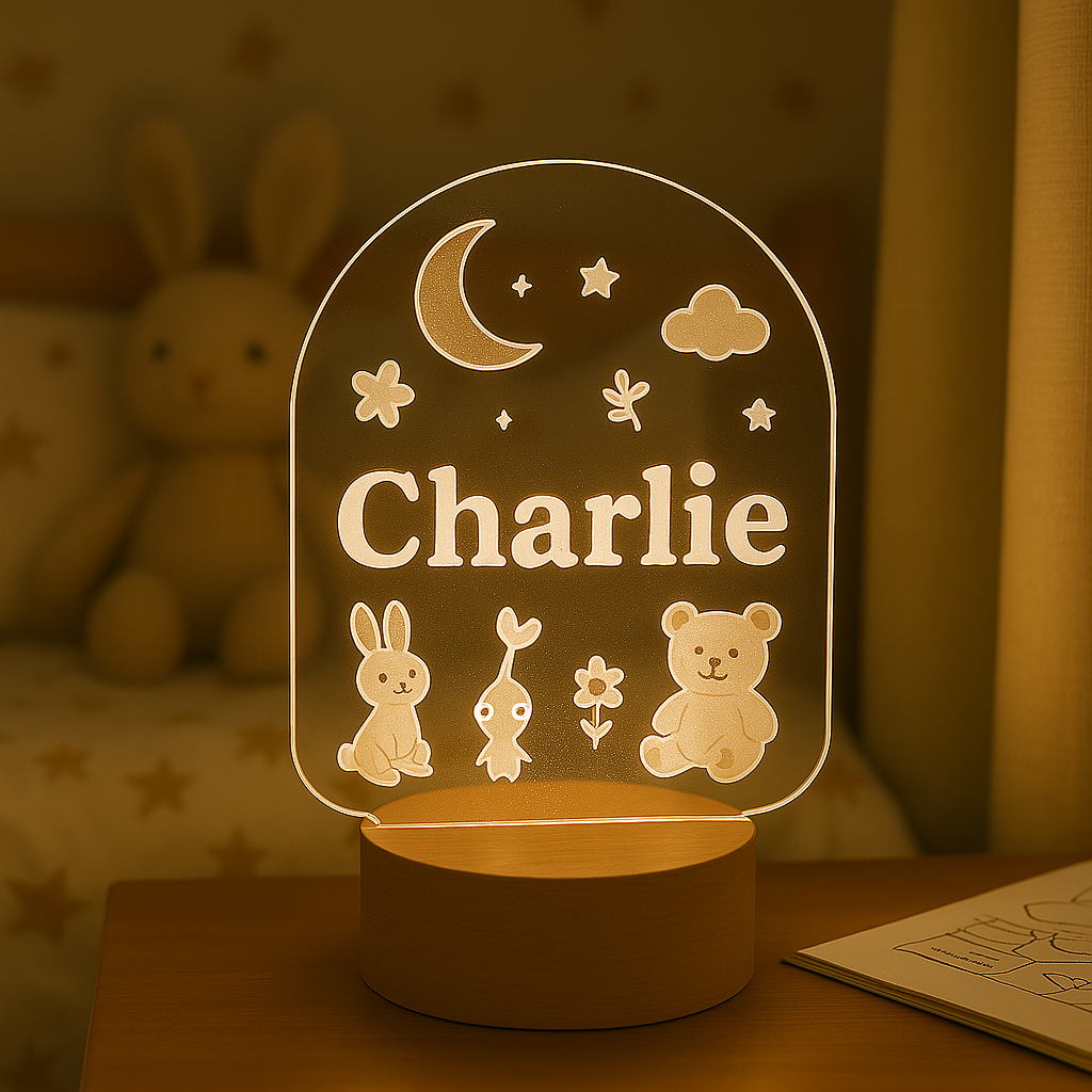 Une veilleuse acrylique avec le prenom charlie