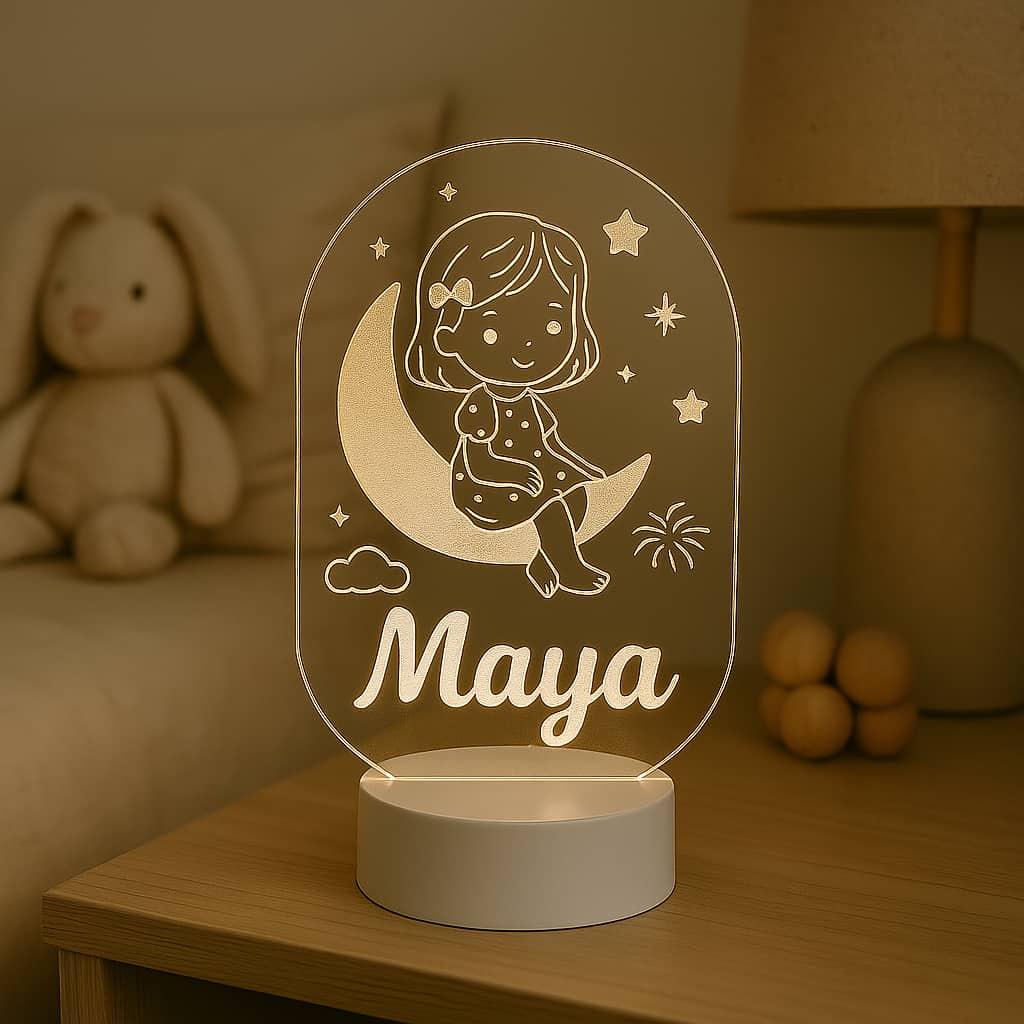 Une veilleuse acrylique avec le prenom maya dans la chambre d une petite fille