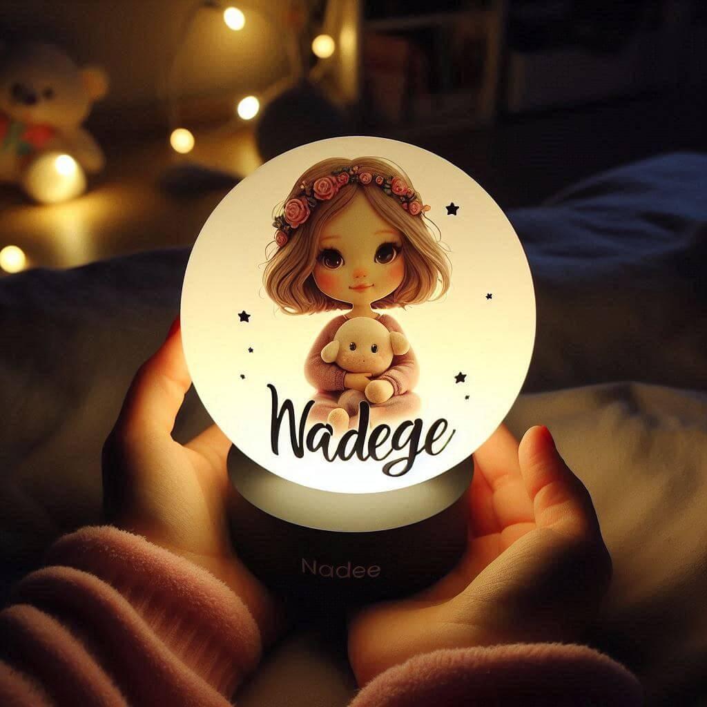 Une veilleuse avec le prenom nadege tenu par une petite fille 1