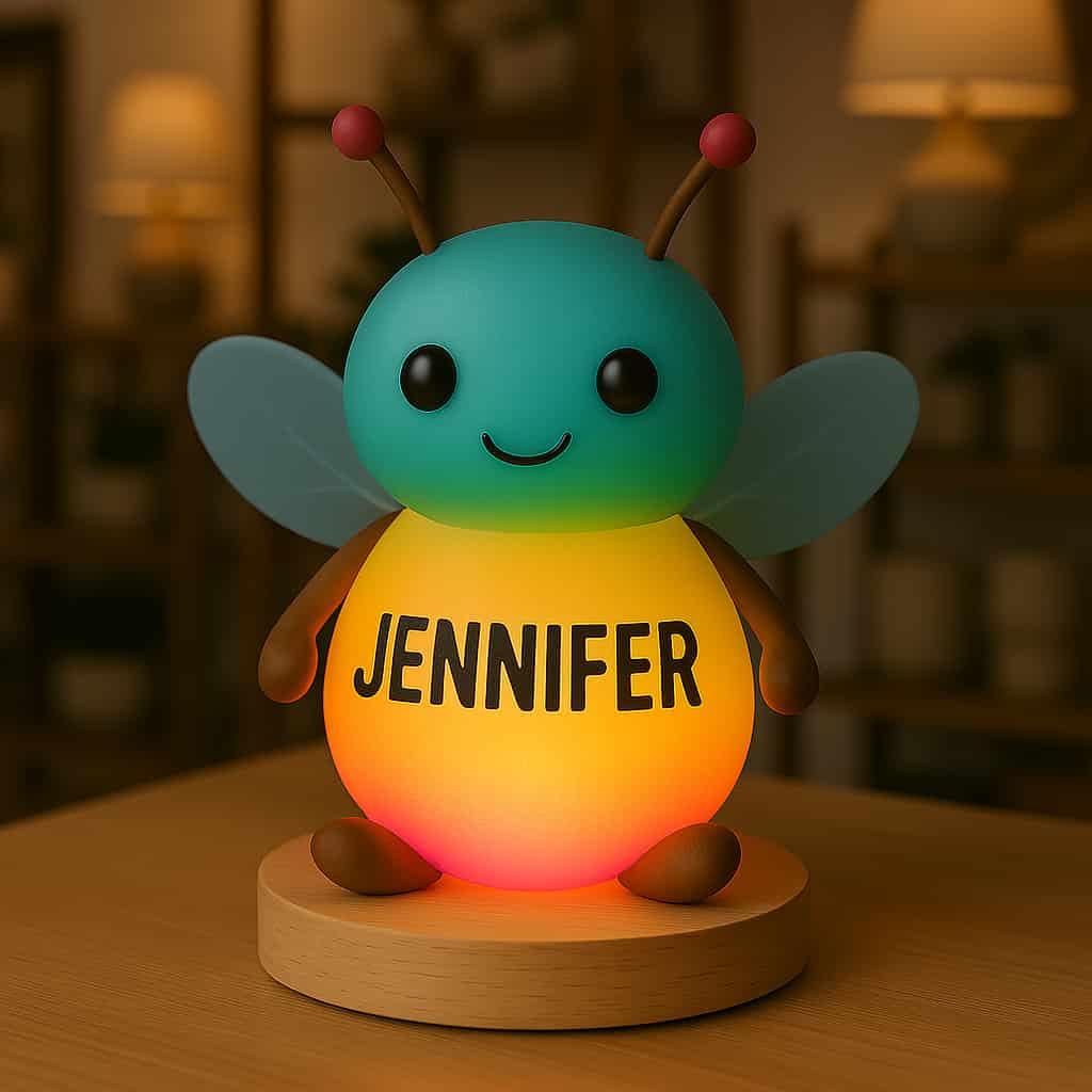 Une veilleuse personnalisee avec le prenom jennifer sur le theme des lucioles colorees dans un style realiste et naturel
