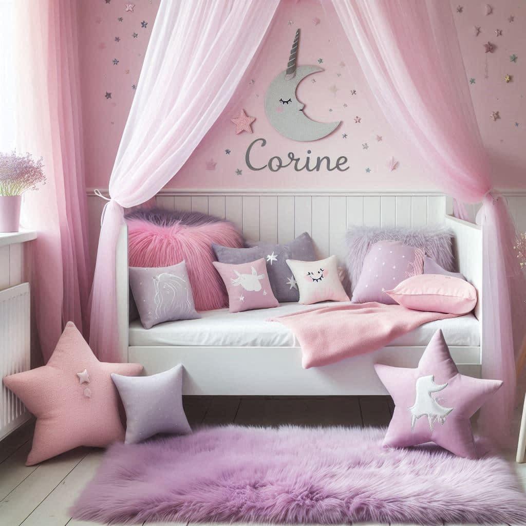 Univers pastel licorne chambre corine avec lit cabane blanc ciel de lit rose poudre tapis en fausse fourrure lilas coussins etoiles et lune en rose pastel bleu ciel et lavande nom