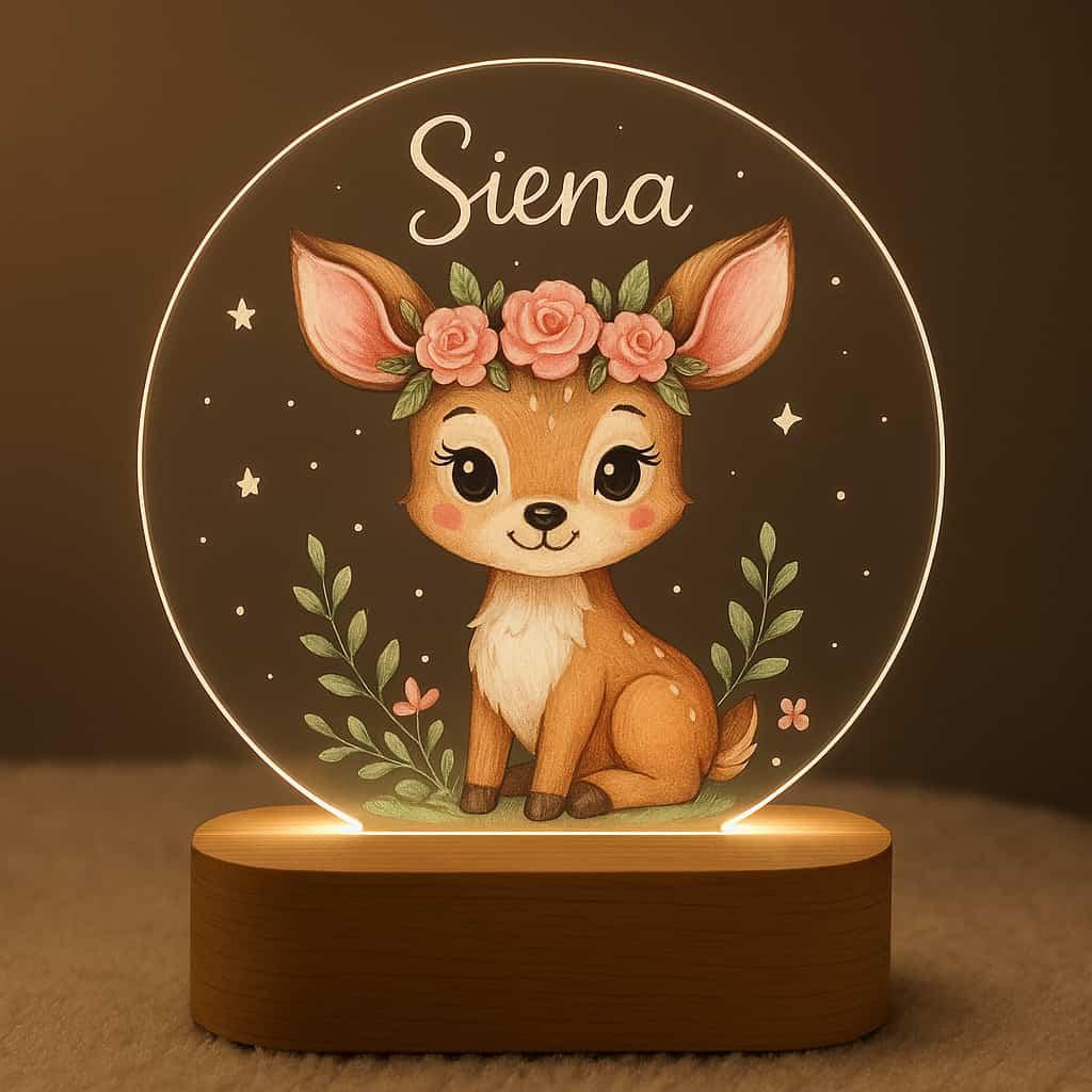 Veilleuse acrylique thème faon personnalisée avec le prénom Siena