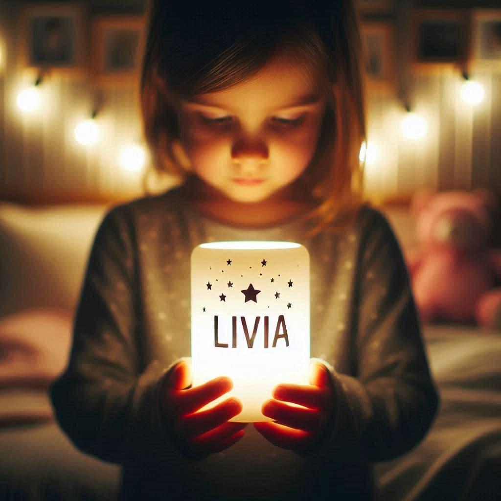 Veilleuse avec le prenom livia tenu par une petite fille dans sa chambre