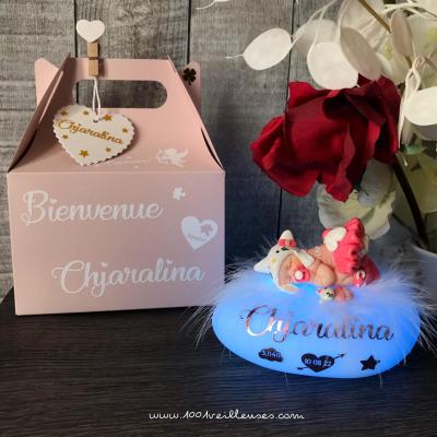 Veilleuse de nuit personnalisée en forme de galet lumineux avec un bébé fille habillé en Hello kitty, avec une boîte cadeau, idéal cadeau de naissance avec le prénom