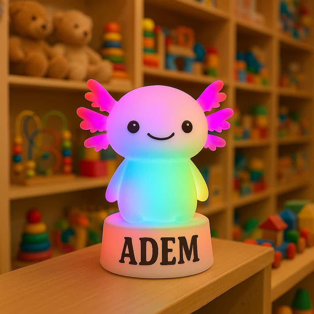 Veilleuse multicolore axolotl personnalisee avec le prenom adem dans un magasin de jouet